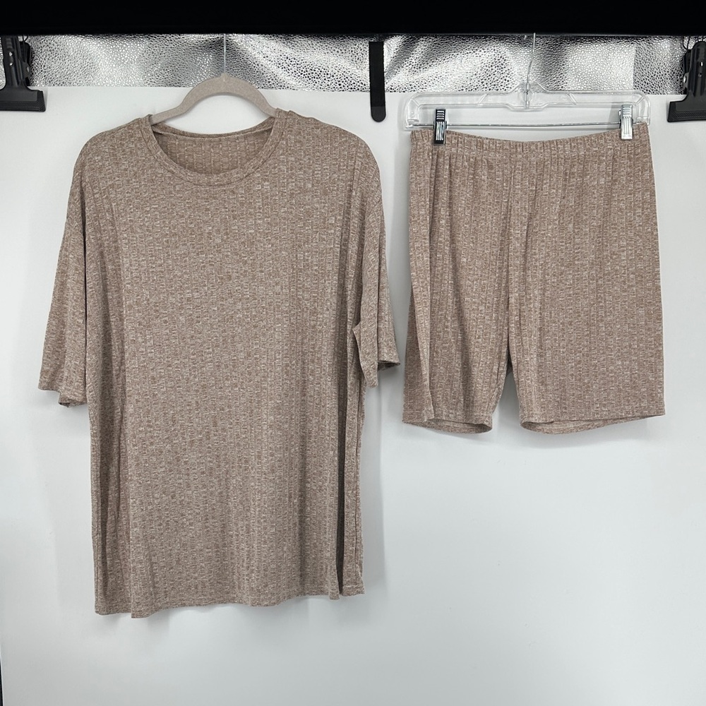 Y2K 90s Style Soft Girl Loungewear Tan Minimalist Causal Loungewear Set Sz L